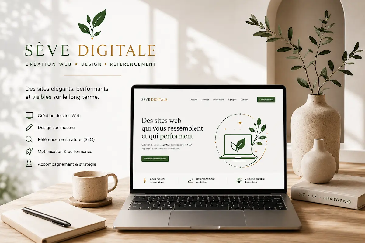 Aperçu du site Sève Digitale sur ordinateur portable, création de sites web pour thérapeutes
