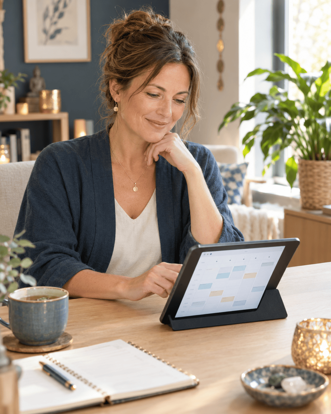 Praticienne bien-être consultant son agenda de rendez-vous sur tablette dans son cabinet